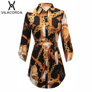 Sleeve Chain Print Women Blouses And Tops Lapel Lace-Up Button Black Green Red Burgundy White